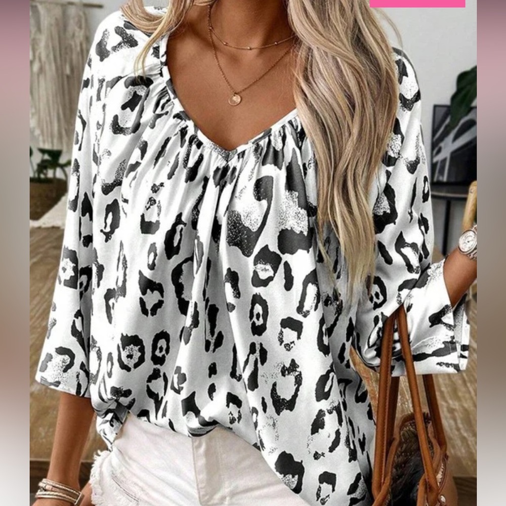 Women’s Leopard Animal Print V-Neck 3/4 Sleeve Blouse